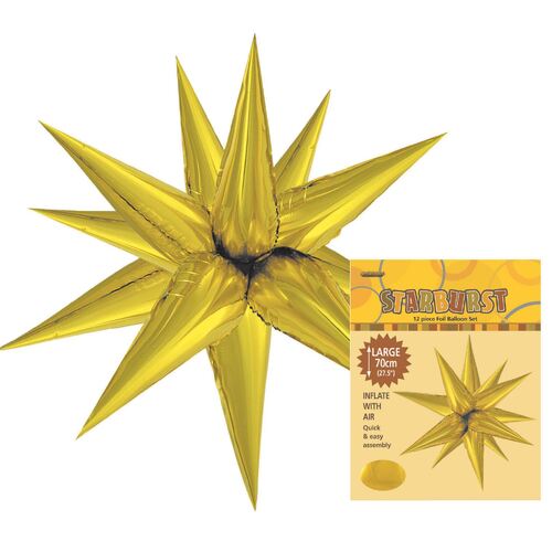 starburst foil balloon, gold starburst balloon 70cm, glitz starburst balloon 70cm, metallic gold balloon 70cm, wedding décor balloon, anniversary celebration balloon, milestone party balloon, self-sealing foil balloon, reusable party balloon, formal event decoration, golden foil balloon, event décor balloon.