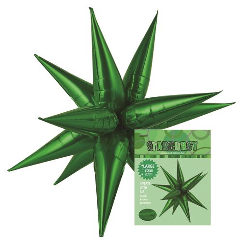 starburst foil balloon, green starburst balloon 70cm, glitz starburst balloon 70cm, green party balloons, helium foil balloon 70cm, self-sealing party balloon, reusable foil balloon, vibrant green decoration, birthday party balloon, metallic green balloon, balloon decoration, garden party balloons, event decoration, festive balloons.