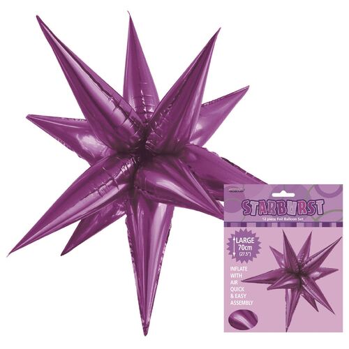 starburst foil balloon, pretty purple starburst balloon, glitz starburst balloon 70cm, purple party balloons, helium foil balloon 70cm, self-sealing party balloon, reusable foil balloon, large starburst balloon, purple theme party balloon, helium balloon bouquet, standalone starburst balloon, foil star balloon, birthday balloon decoration, metallic purple balloon.
