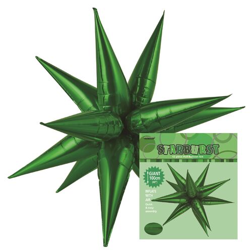 starburst foil balloon, green starburst balloon 100cm, glitz starburst balloon 100cm, green party balloons, helium foil balloon 100cm, self-sealing party balloon, reusable foil balloon, vibrant green decoration, birthday party balloon, metallic green balloon, balloon decoration, graduation party balloon, festive event balloons.
