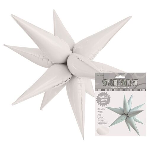 starburst foil balloon, white starburst balloon 70cm, glitz starburst balloon 70cm, elegant party balloons, helium foil balloon 70cm, self-sealing party balloon, reusable foil balloon, white event balloon, birthday party balloon, wedding decor balloon, anniversary balloons, metallic white balloon, chic party decorations, event balloon.