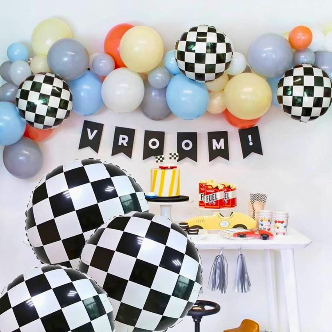 Anagram foil checkerboard balloon, 18 inch checkerboard balloon, foil balloon 45cm, party balloons, checkerboard balloon, black and white balloon, event balloons, foil party balloon, stylish party balloons, birthday balloons, race car themed balloon, race car party decoration