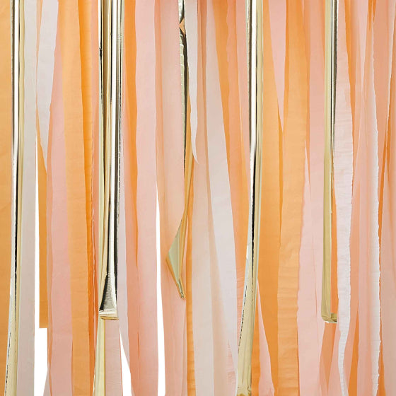 Ginger Ray peach and gold backdrop, 150m peach and gold streamers, multicoloured crepe backdrop, dark peach and light peach streamers, gold party streamers, Ginger Ray party supplies, peach and gold event backdrop, crepe paper streamers, wedding and party decorations, shimmering gold streamers, event backdrop supplies, pastel peach decorations, Ginger Ray party decor Australia, peach and gold wedding backdrop, baby shower event decorations, cream and gold streamers, party streamer set, Ginger Ray streamer b