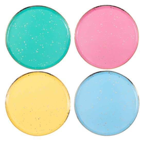 Mix It Up paper plates, Colour Block party plates, speckled foiled plates, 24cm plates, Ginger Ray party supplies, modern party plates, birthday tableware, paper plates for parties, party decorations.