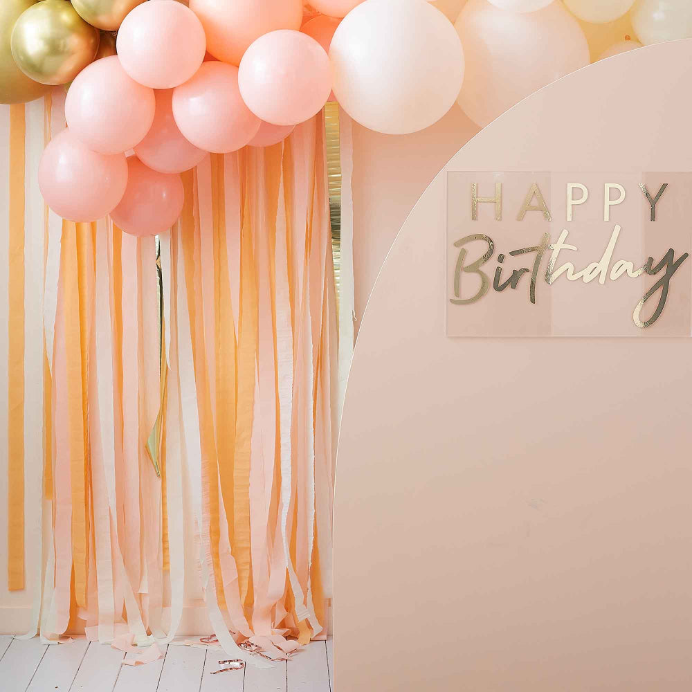 Ginger Ray peach and gold backdrop, 150m peach and gold streamers, multicoloured crepe backdrop, dark peach and light peach streamers, gold party streamers, Ginger Ray party supplies, peach and gold event backdrop, crepe paper streamers, wedding and party decorations, shimmering gold streamers, event backdrop supplies, pastel peach decorations, Ginger Ray party decor Australia, peach and gold wedding backdrop, baby shower event decorations, cream and gold streamers, party streamer set, Ginger Ray streamer b