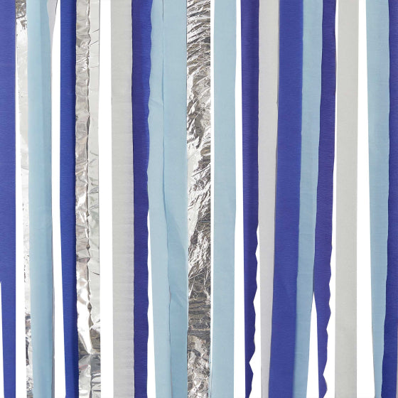 Ginger Ray streamer backdrop, multicoloured crepe paper backdrop, 110m streamer decoration, pastel blue and navy streamers, cream and silver party streamers, party backdrop decor, versatile event decoration, Ginger Ray party supplies, fishing line streamer assembly, pastel and metallic party decor, birthday party streamers, wedding backdrop supplies, event decor Australia, blue and silver streamers, baby shower party backdrop, party wall decorations, Ginger Ray event supplies, party streamer pack, 110m crep