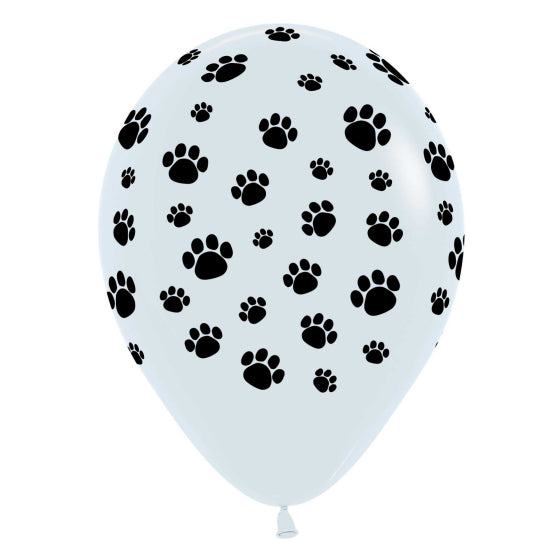 Paw print latex balloons, 30cm white balloons with paw prints, party balloons, pet-themed balloons, kids' party decorations, dog party supplies, cat party supplies, balloon bouquet, helium balloons, air-fill balloons, biodegradable balloons, 25 pack balloons, Brisbane party supplies, Queensland party decor, latex party balloons, paw print party balloons, themed birthday balloons, room decorations, pet celebration balloons, biodegradable party balloons.