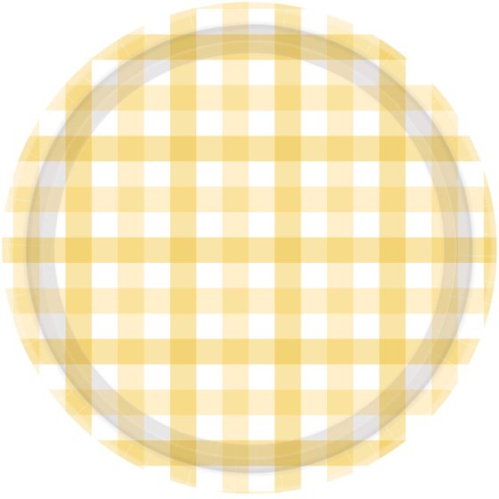 Amscan gingham paper plates, pastel yellow paper plates, round paper plates, picnic plates, party plates, yellow disposable plates, 23cm plates, 17cm plates, yellow gingham plates, birthday party supplies, picnic party supplies, kids' party tableware, disposable plates for events, gingham paper plates Australia, pastel yellow paper plates for birthdays, lightweight party plates, Amscan tableware, yellow picnic plates, 8-pack gingham plates, gingham design disposable plates.