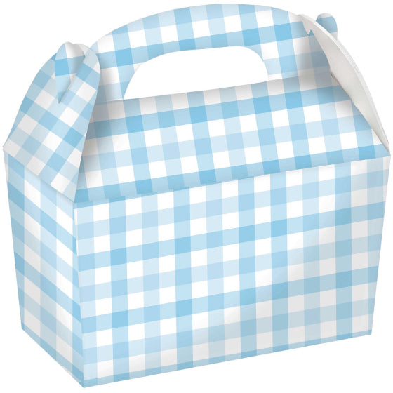 Amscan Gingham Gable Boxes, pastel blue gift boxes, 4-pack gable boxes, picnic treat boxes, gingham gift boxes, party favour boxes, snack boxes for parties, Amscan gift boxes, pastel party boxes, gable boxes for picnics, birthday party favour boxes, treat boxes for snacks, pastel blue party packaging, gift boxes for kids' parties, picnic gift packaging, Amscan party supplies, gingham patterned treat boxes, party packaging for gifts, blue gable boxes, snack containers for party favours.