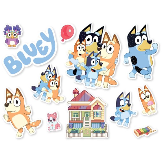 Bluey card cutouts, Bluey party decorations, 12-pack Bluey cutouts, Bluey and Bingo cardstock cutouts, sustainably sourced party decor, Bluey-themed wall decorations, Bluey table scatter decorations, 5.5cm to 34cm Bluey cutouts, Chilli and Bandit party cutouts, kids' party table decorations, Bluey party supplies Australia, Bluey party wall decor, Bluey birthday decorations, Bluey themed party accessories, cardstock cutouts for kids' parties, Bluey decor for birthdays, kids' party scene decor, Bluey room dec