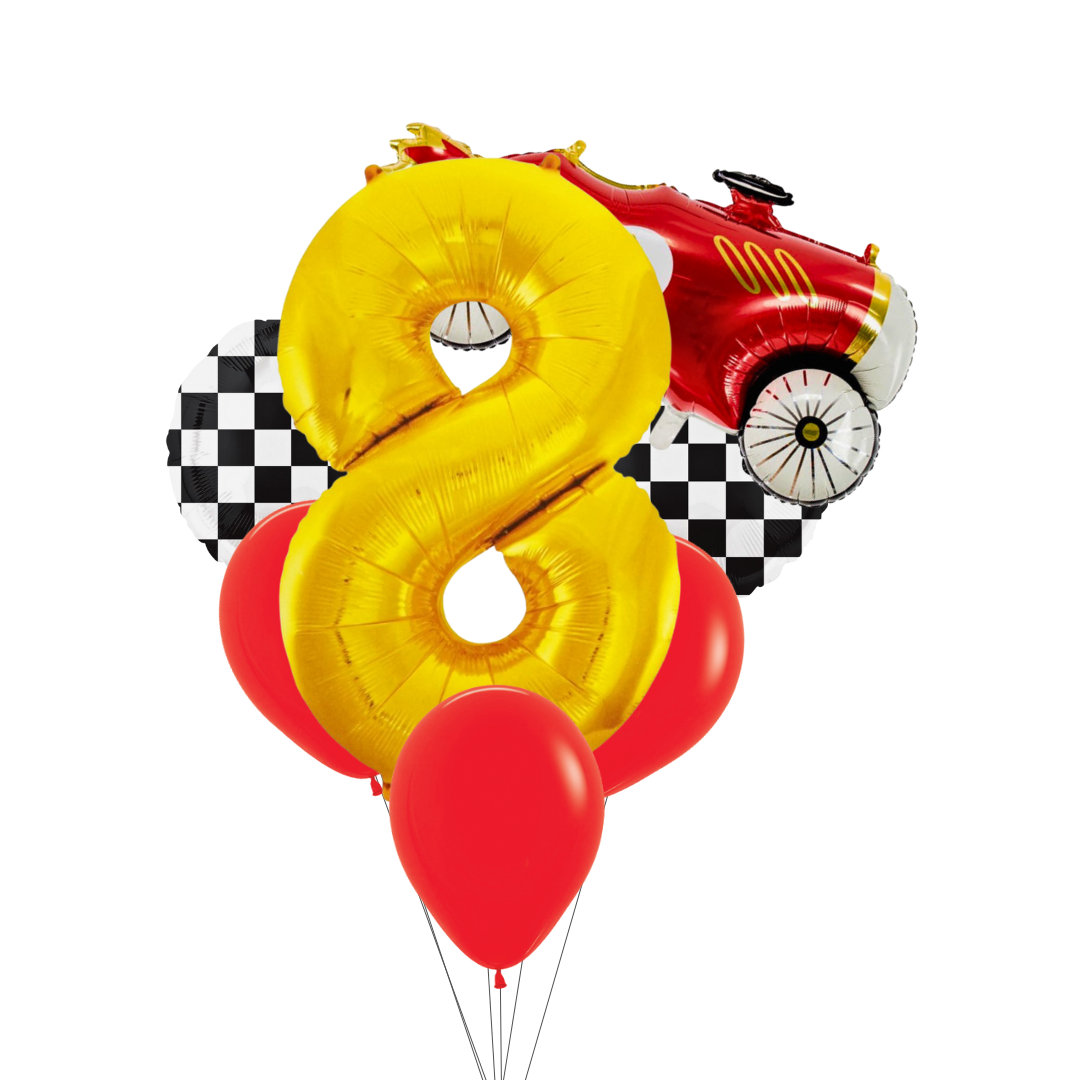 Race Car Balloon Set– Red Car, Checkerboard & Number Balloons