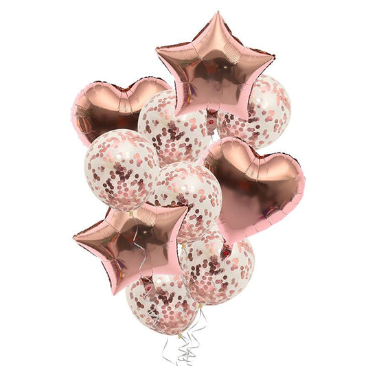 rose gold balloon bouquet, rose gold balloons, foil star balloons, foil heart balloons, confetti balloons, helium balloons, air-filled balloons, party balloons, baby shower balloons, wedding balloons, birthday balloons, anniversary balloons, milestone celebration balloons, bridal shower balloons, engagement balloons, metallic balloons, rose gold party decorations, elegant balloon bouquet, premium quality balloons, reusable foil balloons