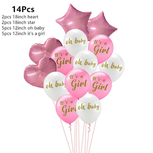 pink baby shower balloons, it's a girl balloons, oh baby balloons, pink  and white balloon bouquet, baby girl party decorations, baby shower balloon set, helium balloons for baby shower, blue foil star balloons, blue foil heart balloons, printed latex balloons, baby shower decor, pink and white party balloons, newborn celebration balloons, baby shower balloon arrangement, pink confetti balloons