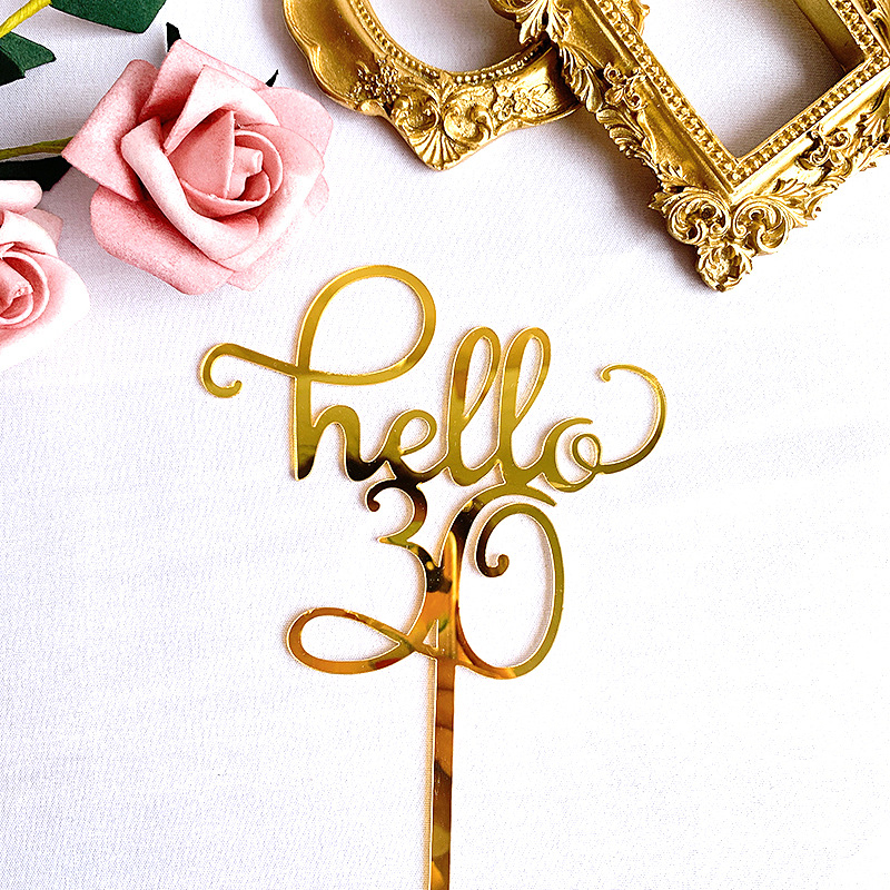 Gold Mirrored Acrylic Hello 30 Birthday Cake topper