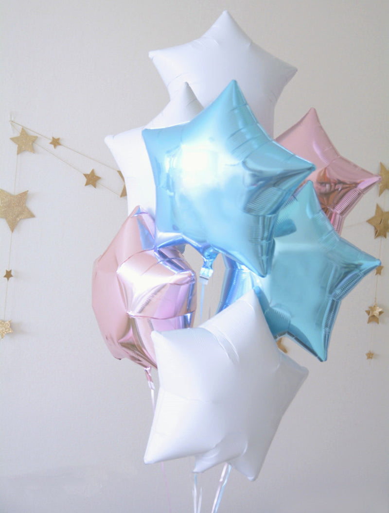 star foil balloons, pastel blue balloons, white star balloons, birthday party balloons, baby shower balloons, foil balloon set, helium balloons, air-fill balloons