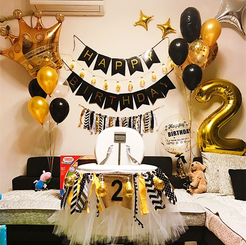 Black Happy Birthday Banner with Gold Letters-Birthday Banner-Decoren