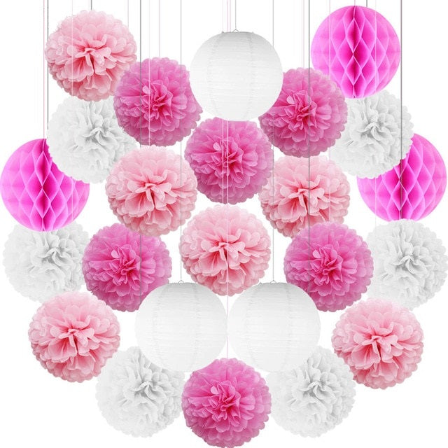 pink white paper pom-poms, pink white lanterns, paper lantern set, party decorations, wedding decorations, baby shower decor, birthday party decor, gender reveal party, anniversary decorations, engagement party decor, elegant party decorations, eco-friendly decor, hanging paper decorations, pom-pom and lantern set, white party decor, Brisbane party supplies, Gold Coast event decor, Australia party decorations, QLD event styling, DIY party decorations, easy to assemble decor