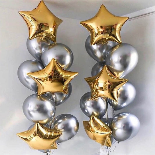 gold star balloons, silver latex balloons, gold and silver balloon bouquet, metallic balloon set, party balloon decoration, birthday balloon bouquet, wedding balloon decor, baby shower balloons, anniversary balloon set, bridal shower balloons, milestone party balloons, helium balloons, air-filled balloons, reusable foil balloons, self-sealing foil balloons, event decoration balloons
