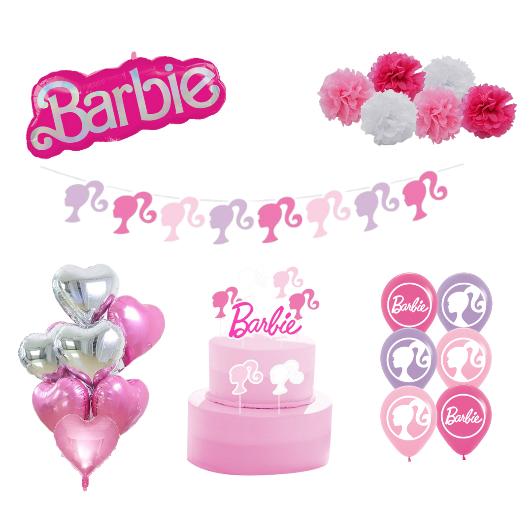 Barbie-themed party decorations including balloons, banner, and cake topper on a white background.