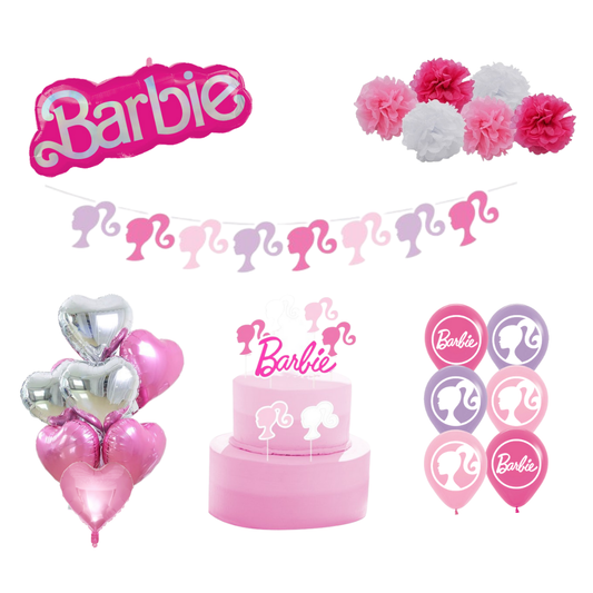 Barbie-themed party decorations including balloons, banner, and cake topper on a white background.