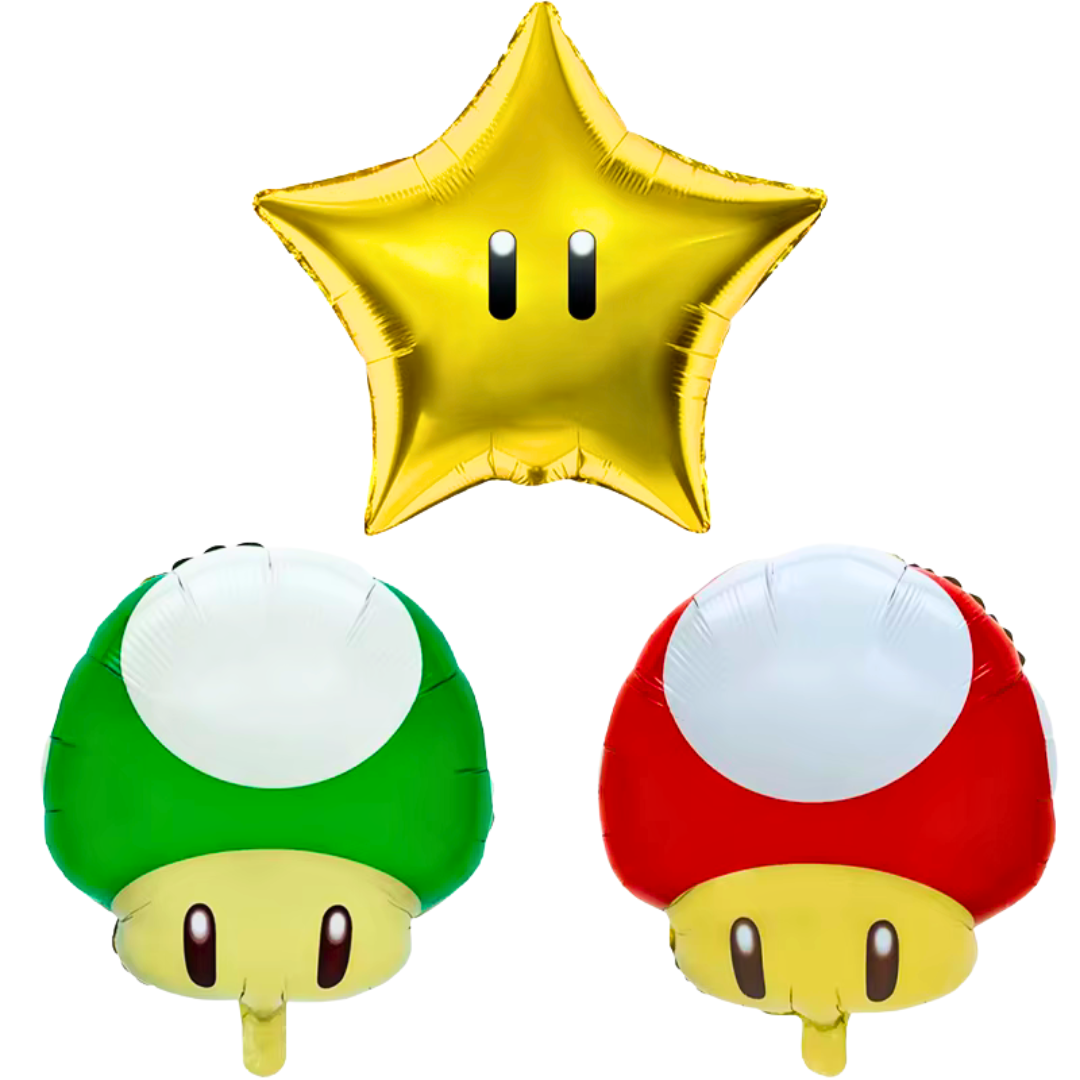 Super Mario Bros party balloons, Mario star balloon, red mushroom balloon, green mushroom balloon, 6 pack Mario balloons, foil balloons Super Mario, aluminium balloons Mario Bros, kids video game party supplies, Nintendo party theme, Mario birthday decorations, Mushroom Kingdom balloons, helium Mario balloons, air-fill Mario balloons, boys video game birthday, gamer party supplies Australia, Mario themed party balloons QLD, kids party decorations Brisbane, Super Mario balloon pack, birthday party supplies G