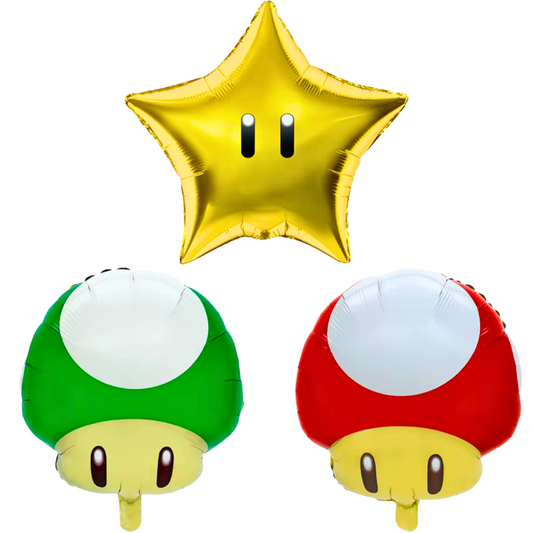Super Mario Bros party balloons, Mario star balloon, red mushroom balloon, green mushroom balloon, 6 pack Mario balloons, foil balloons Super Mario, aluminium balloons Mario Bros, kids video game party supplies, Nintendo party theme, Mario birthday decorations, Mushroom Kingdom balloons, helium Mario balloons, air-fill Mario balloons, boys video game birthday, gamer party supplies Australia, Mario themed party balloons QLD, kids party decorations Brisbane, Super Mario balloon pack, birthday party supplies G