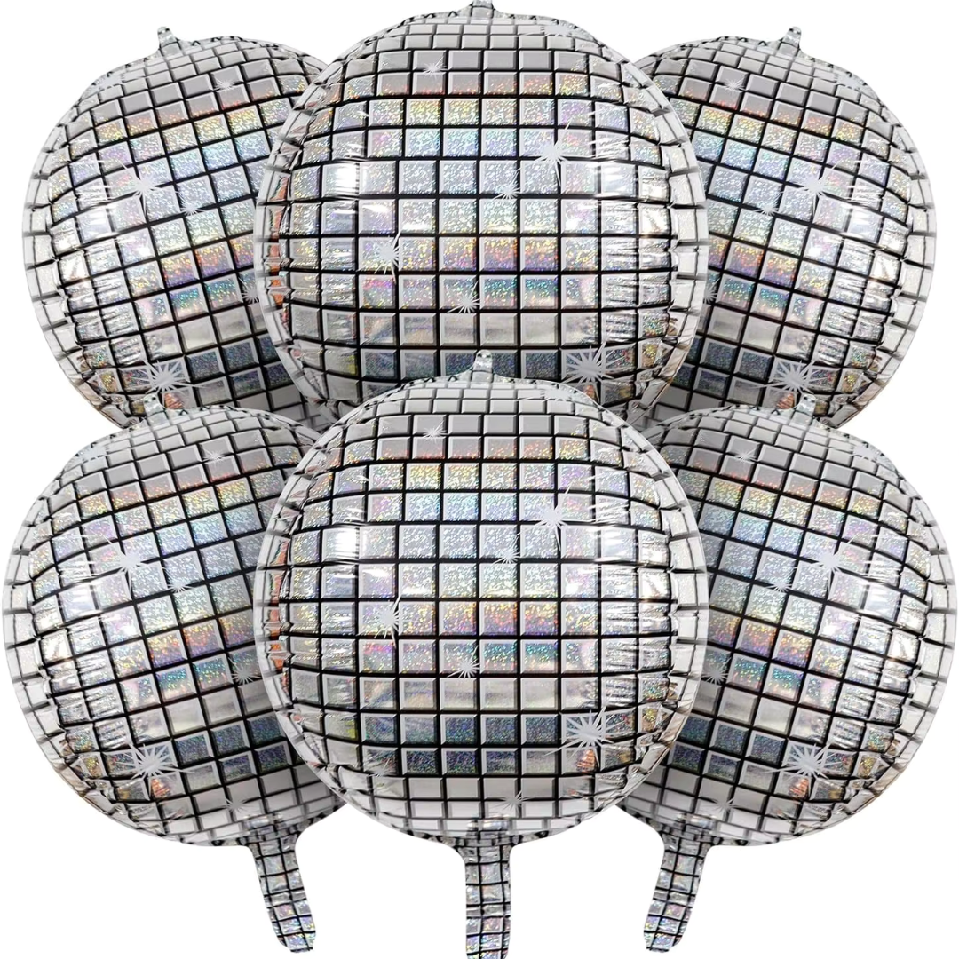 metallic mylar foil disco ball balloons, disco ball balloons, 22-inch disco balloons, self-sealing disco balloons, high-quality mylar foil balloons, air and helium disco balloons, party decoration balloons, retro disco balloons, giant disco balloons, shiny disco ball balloons, foil balloons, reflective disco balloons, unbreakable disco balloons, party supplies, mylar disco ball.