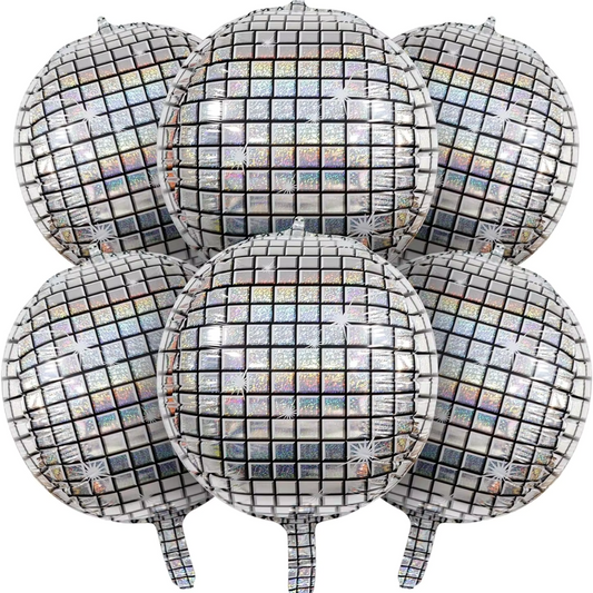 metallic mylar foil disco ball balloons, disco ball balloons, 22-inch disco balloons, self-sealing disco balloons, high-quality mylar foil balloons, air and helium disco balloons, party decoration balloons, retro disco balloons, giant disco balloons, shiny disco ball balloons, foil balloons, reflective disco balloons, unbreakable disco balloons, party supplies, mylar disco ball.