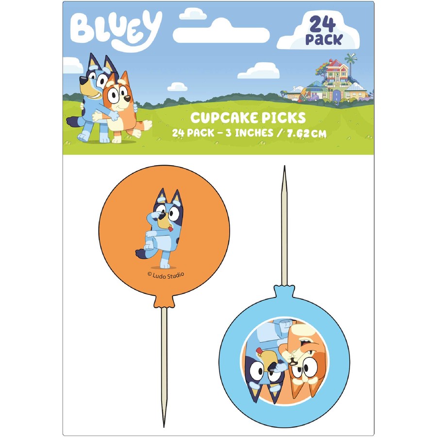 Bluey cupcake picks, Bluey party picks, Bluey and Bingo cupcake toppers, wooden cupcake picks, Bluey themed party supplies, orange and blue cupcake picks, Bluey snack picks, Bluey birthday party decorations, kids' party cupcake toppers, 24-pack Bluey picks, Bluey cake decorations, Bluey party supplies Australia, Bluey food picks, Bluey birthday party tableware, cardstock cupcake picks, Bluey themed kids' party accessories, Bluey and Bingo party picks, disposable cupcake toppers, Bluey cupcake decorations, B