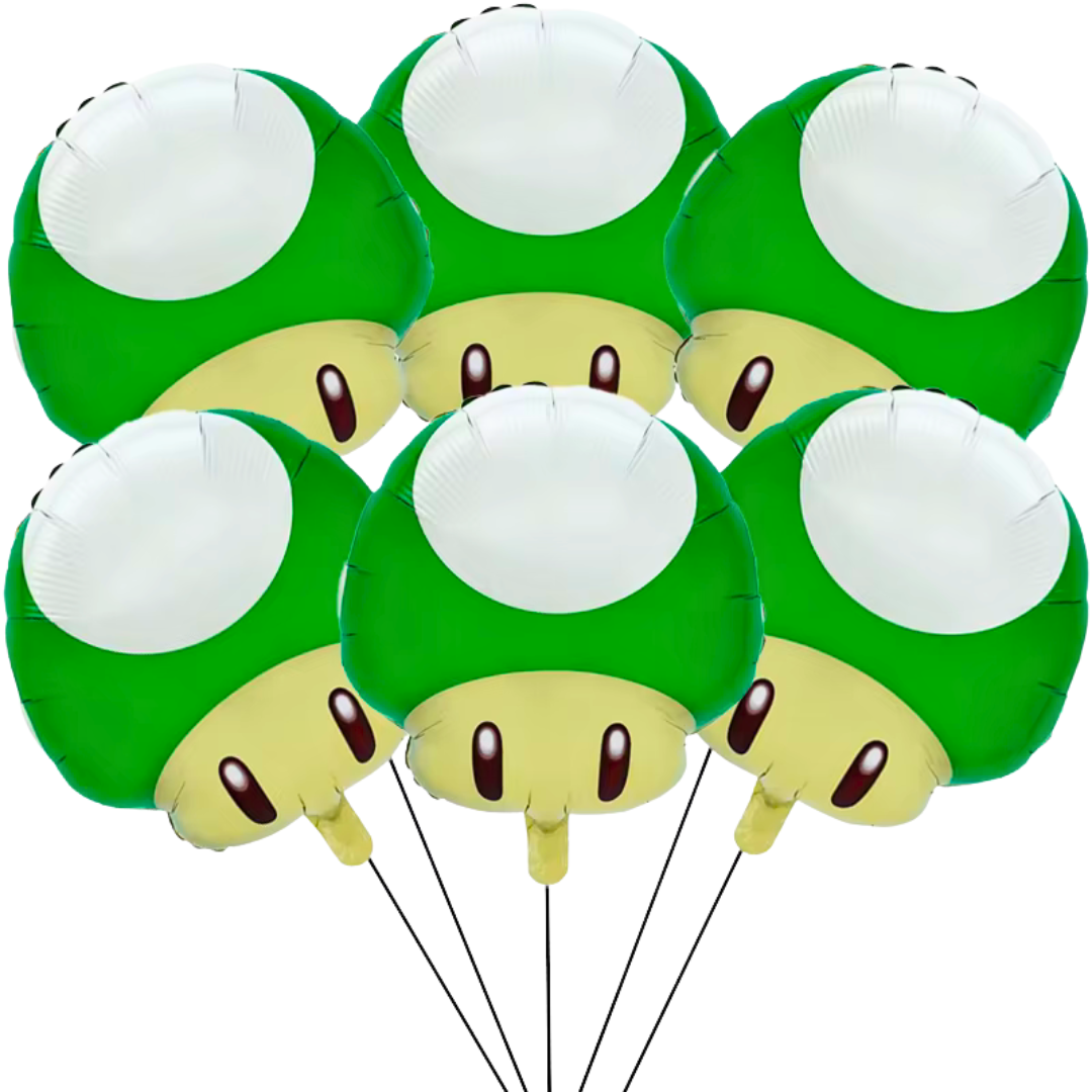 Super Mario Bros party balloons, Mario star balloon, red mushroom balloon, green mushroom balloon, 6 pack Mario balloons, foil balloons Super Mario, aluminium balloons Mario Bros, kids video game party supplies, Nintendo party theme, Mario birthday decorations, Mushroom Kingdom balloons, helium Mario balloons, air-fill Mario balloons, boys video game birthday, gamer party supplies Australia, Mario themed party balloons QLD, kids party decorations Brisbane, Super Mario balloon pack, birthday party supplies G
