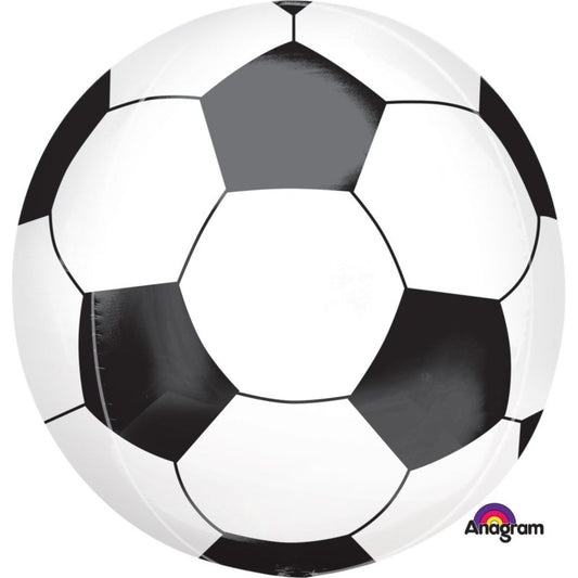 soccer ball foil balloon, Orbz soccer balloon, soccer-themed balloon, black and white soccer balloon, inflatable soccer decoration, sports party balloon, helium soccer balloon