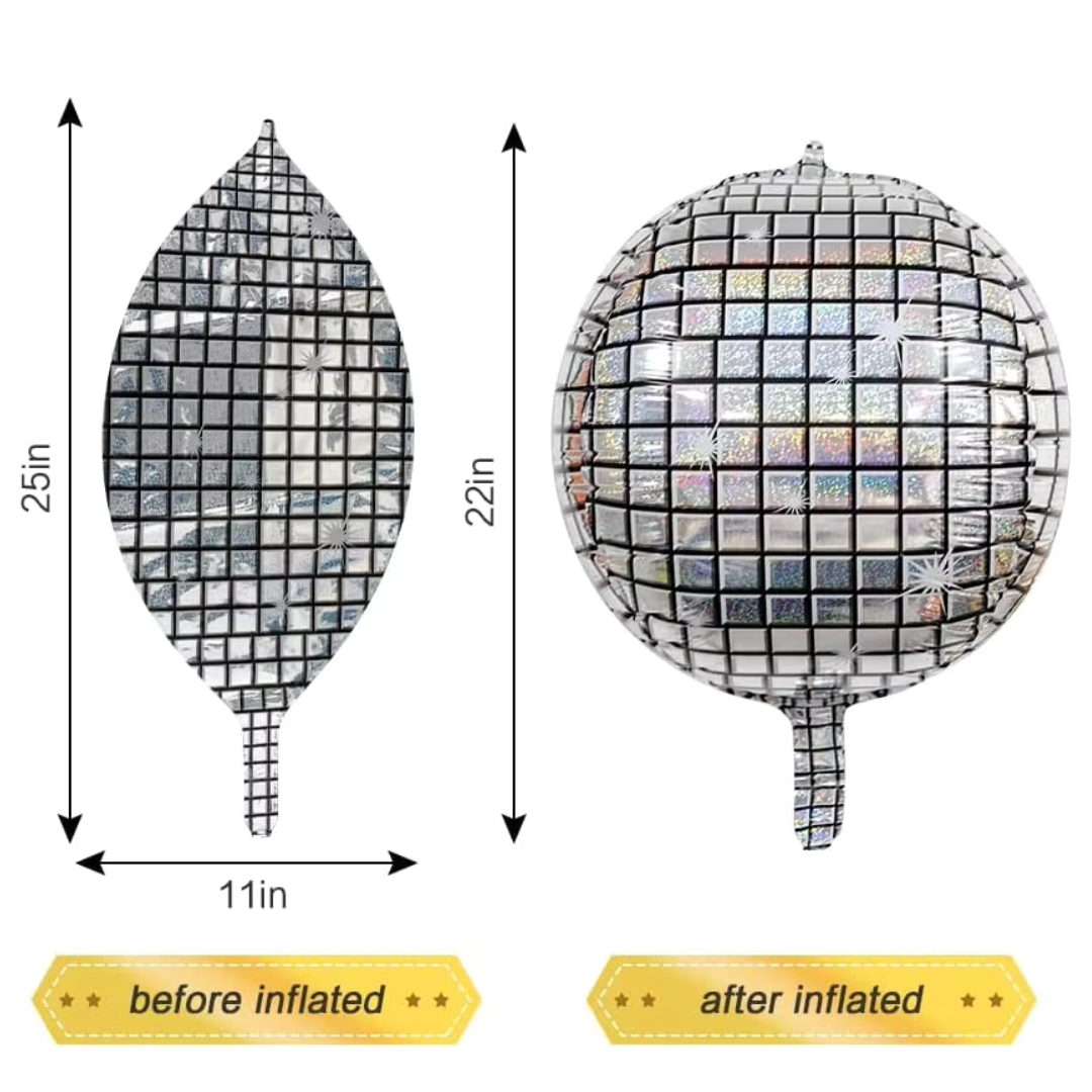 metallic mylar foil disco ball balloons, disco ball balloons, 22-inch disco balloons, self-sealing disco balloons, high-quality mylar foil balloons, air and helium disco balloons, party decoration balloons, retro disco balloons, giant disco balloons, shiny disco ball balloons, foil balloons, reflective disco balloons, unbreakable disco balloons, party supplies, mylar disco ball.