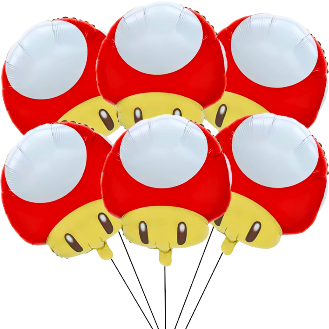 Super Mario Bros party balloons, Mario star balloon, red mushroom balloon, green mushroom balloon, 6 pack Mario balloons, foil balloons Super Mario, aluminium balloons Mario Bros, kids video game party supplies, Nintendo party theme, Mario birthday decorations, Mushroom Kingdom balloons, helium Mario balloons, air-fill Mario balloons, boys video game birthday, gamer party supplies Australia, Mario themed party balloons QLD, kids party decorations Brisbane, Super Mario balloon pack, birthday party supplies G