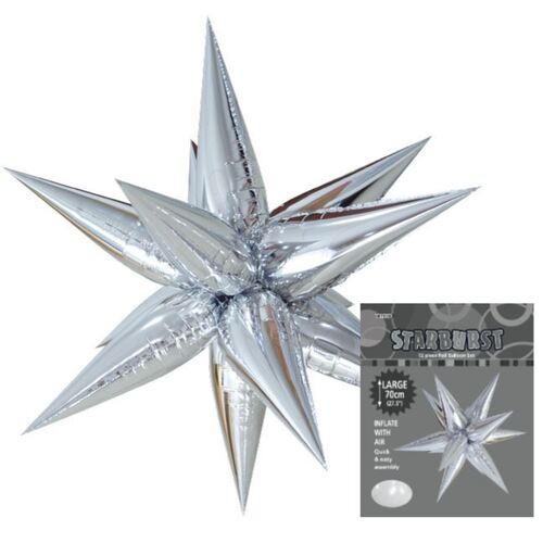 starburst foil balloon, silver starburst balloon 70cm, glitz starburst balloon 70cm, elegant foil balloon 70cm, wedding décor balloon, anniversary celebration balloon, milestone party balloon, metallic silver balloon, self-sealing foil balloon, reusable party balloon, formal event decoration, silver foil balloon, event décor balloon.