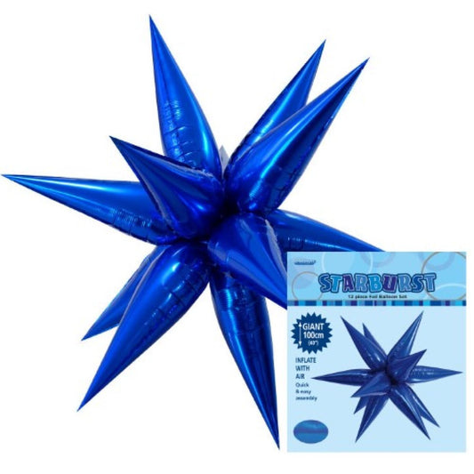 starburst foil balloon, royal blue starburst balloon, glitz starburst balloon 100cm, blue party balloons, helium foil balloon 100cm, self-sealing party balloon, reusable foil balloon, large starburst balloon, royal blue party decoration, helium balloon bouquet, standalone starburst balloon, blue theme party balloon, foil star balloon, birthday balloon decoration, metallic blue balloon.