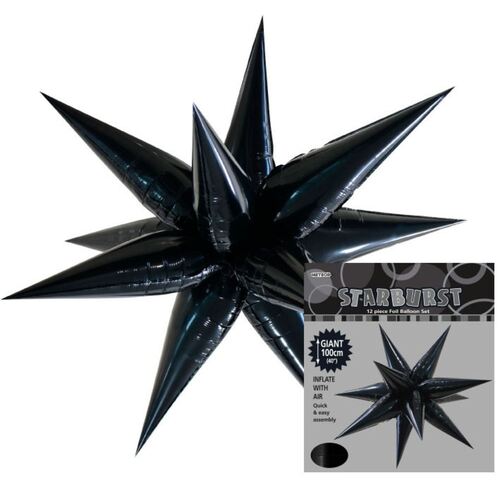 starburst foil balloon, black starburst balloon 100cm, glitz starburst balloon 100cm, metallic black balloon 100cm, elegant party decoration, milestone event balloon, anniversary celebration balloon, wedding décor balloon, corporate event balloon, self-sealing foil balloon, reusable party balloon.