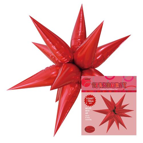starburst foil balloon, red starburst balloon 100cm, glitz starburst balloon 100cm, metallic red balloon 100cm, birthday party decoration, anniversary celebration balloon, wedding décor balloon, milestone event balloon, self-sealing foil balloon, reusable party balloon, festive event decoration.