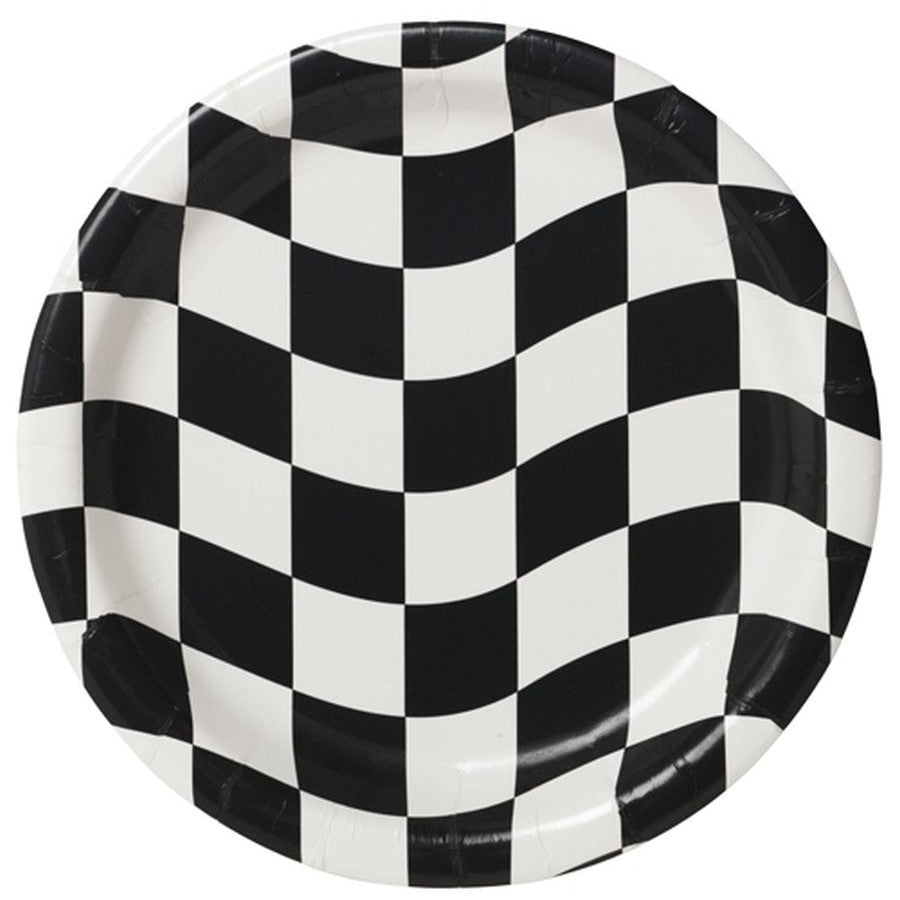 black and white check paper plates, disposable paper plates, racing party plates, Formula 1 plates, birthday party plates, party plates 18cm, racing-themed party supplies, checkered party plates, black and white check party plates, racing flag paper plates, paper plates for parties, easy clean-up plates, disposable lunch plates