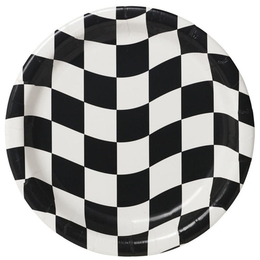black and white check paper plates, disposable paper plates, racing party plates, Formula 1 plates, birthday party plates, party plates 18cm, racing-themed party supplies, checkered party plates, black and white check party plates, racing flag paper plates, paper plates for parties, easy clean-up plates, disposable lunch plates