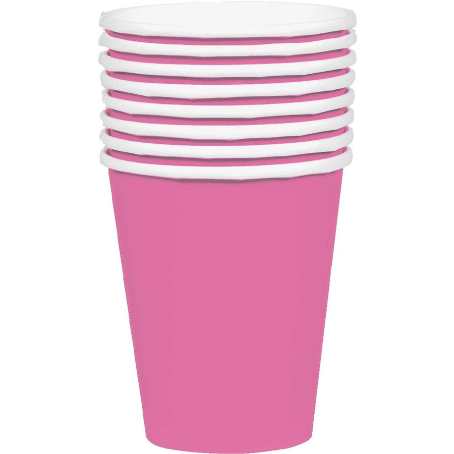 Bright pink paper cups, Amscan cups, party cups, disposable cups, 354ml cups, event cups, pink party decorations, paper cups for events, picnic cups, party tableware.