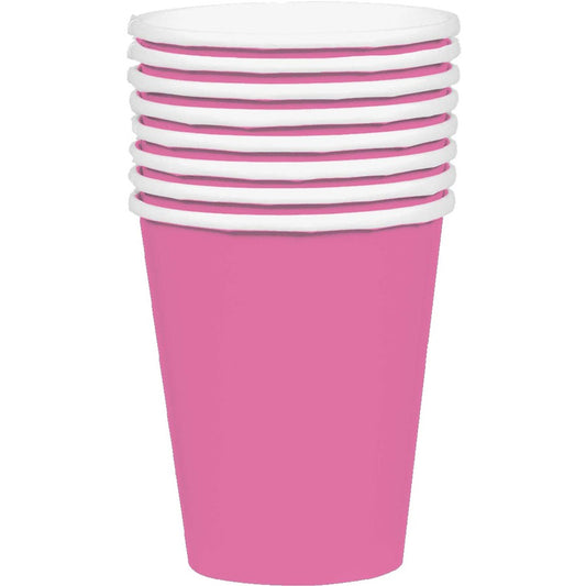 Bright pink paper cups, Amscan cups, party cups, disposable cups, 354ml cups, event cups, pink party decorations, paper cups for events, picnic cups, party tableware.