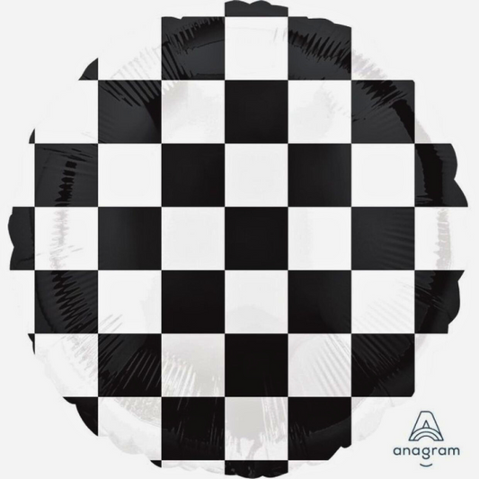 Anagram foil checkerboard balloon, 18 inch checkerboard balloon, foil balloon 45cm, party balloons, checkerboard balloon, black and white balloon, event balloons, foil party balloon, stylish party balloons, birthday balloons, race car themed balloon, race car party decoration