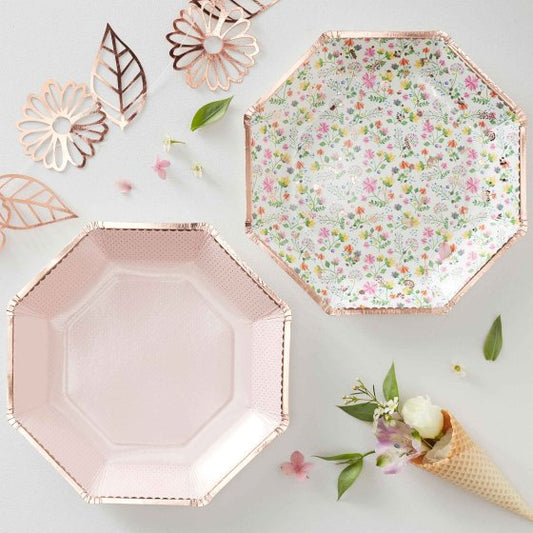 Ginger Ray Ditsy Floral Plates, floral party plates, pink plates, rose gold plates, 8 pack party plates, multicoloured party plates, floral theme tableware, disposable plates, floral print plates, rose gold rim plates, pink floral plates, party tableware, birthday party plates, baby shower plates, elegant party plates