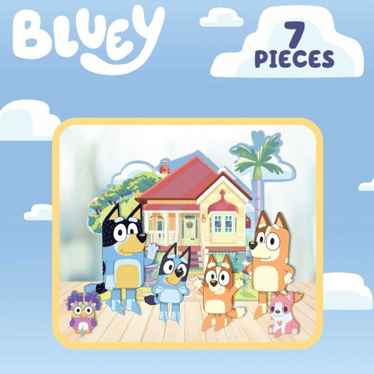 Bluey table decoration kit, Bluey party centrepieces, Bluey cardboard decorations, 7-piece Bluey table set, Bluey-themed table decor, Bluey and Bingo cutouts, kids' party table decorations, Bluey birthday party supplies, Bluey character cutouts for tables, Bluey table kit for parties, Bluey party centrepiece set, Bluey-themed centrepieces for parties, Bluey cardboard decorations for kids, party decorations for Bluey fans, Bluey house table decor, Bluey-themed event decor, birthday table decor, kids' birthda
