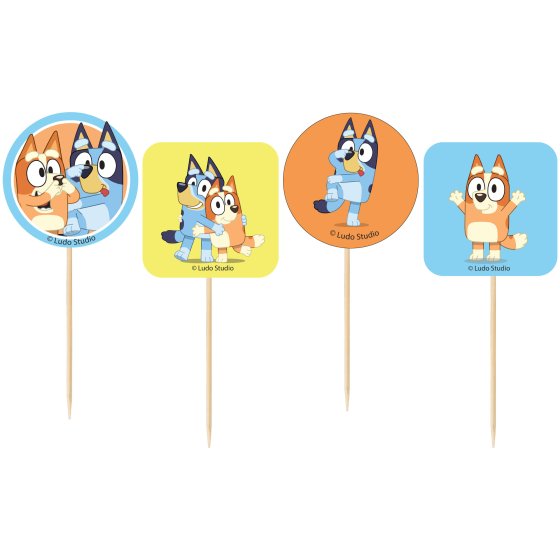Bluey cupcake picks, Bluey party picks, Bluey and Bingo cupcake toppers, wooden cupcake picks, Bluey themed party supplies, orange and blue cupcake picks, Bluey snack picks, Bluey birthday party decorations, kids' party cupcake toppers, 24-pack Bluey picks, Bluey cake decorations, Bluey party supplies Australia, Bluey food picks, Bluey birthday party tableware, cardstock cupcake picks, Bluey themed kids' party accessories, Bluey and Bingo party picks, disposable cupcake toppers, Bluey cupcake decorations, B