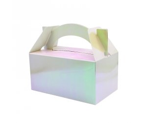 Iridescent gable box, party favour boxes, treat boxes for parties, 5 pack gable boxes, cardboard gift boxes, party supplies, goodie boxes for events, iridescent party decor, flat-packed gable boxes, sturdy cardboard treat boxes, baby shower gift boxes, wedding party favour boxes, small gift containers, iridescent cardboard boxes, DIY gift boxes for events.