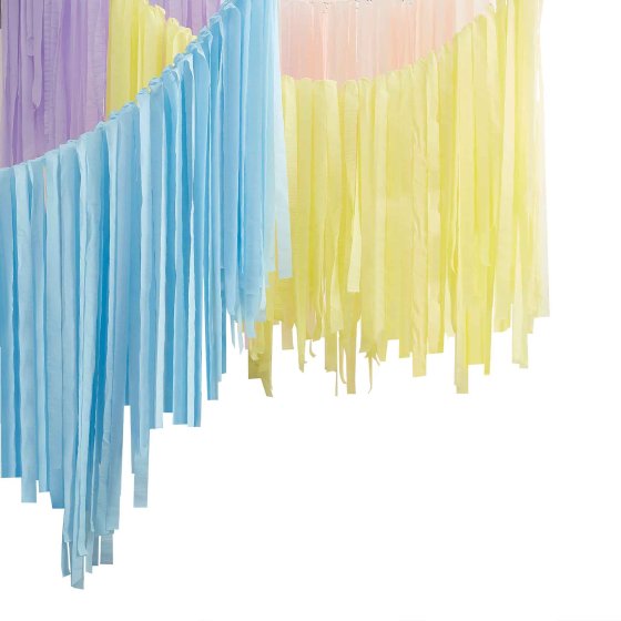 Ginger Ray, pastel streamers, party décor, streamer backdrop, multicoloured streamers, ceiling kit, pastel party decorations, event backdrop, crepe paper streamers, party setup, pastel yellow streamers, pink streamers, blue streamers, lilac streamers, party supplies, event decoration