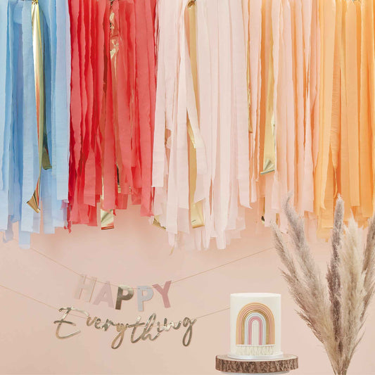 pastel rainbow ceiling streamers, muted pastel streamers, Ginger Ray backdrop streamers, pastel party streamers, 200m party streamers, gold and pastel streamers, rainbow backdrop streamers, crepe paper streamers, event ceiling decorations, pastel streamers with mesh, hanging party decorations, pastel baby shower decorations, colourful event backdrop, party streamers with gold accents, birthday party ceiling decorations, pastel crepe streamers Australia, pastel rainbow party supplies, peach and pink streamer