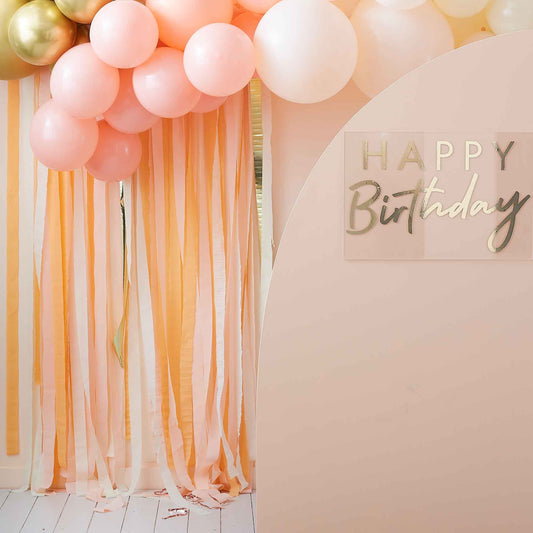 Ginger Ray peach and gold backdrop, 150m peach and gold streamers, multicoloured crepe backdrop, dark peach and light peach streamers, gold party streamers, Ginger Ray party supplies, peach and gold event backdrop, crepe paper streamers, wedding and party decorations, shimmering gold streamers, event backdrop supplies, pastel peach decorations, Ginger Ray party decor Australia, peach and gold wedding backdrop, baby shower event decorations, cream and gold streamers, party streamer set, Ginger Ray streamer b