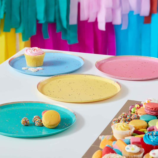 Mix It Up paper plates, Colour Block party plates, speckled foiled plates, 24cm plates, Ginger Ray party supplies, modern party plates, birthday tableware, paper plates for parties, party decorations.